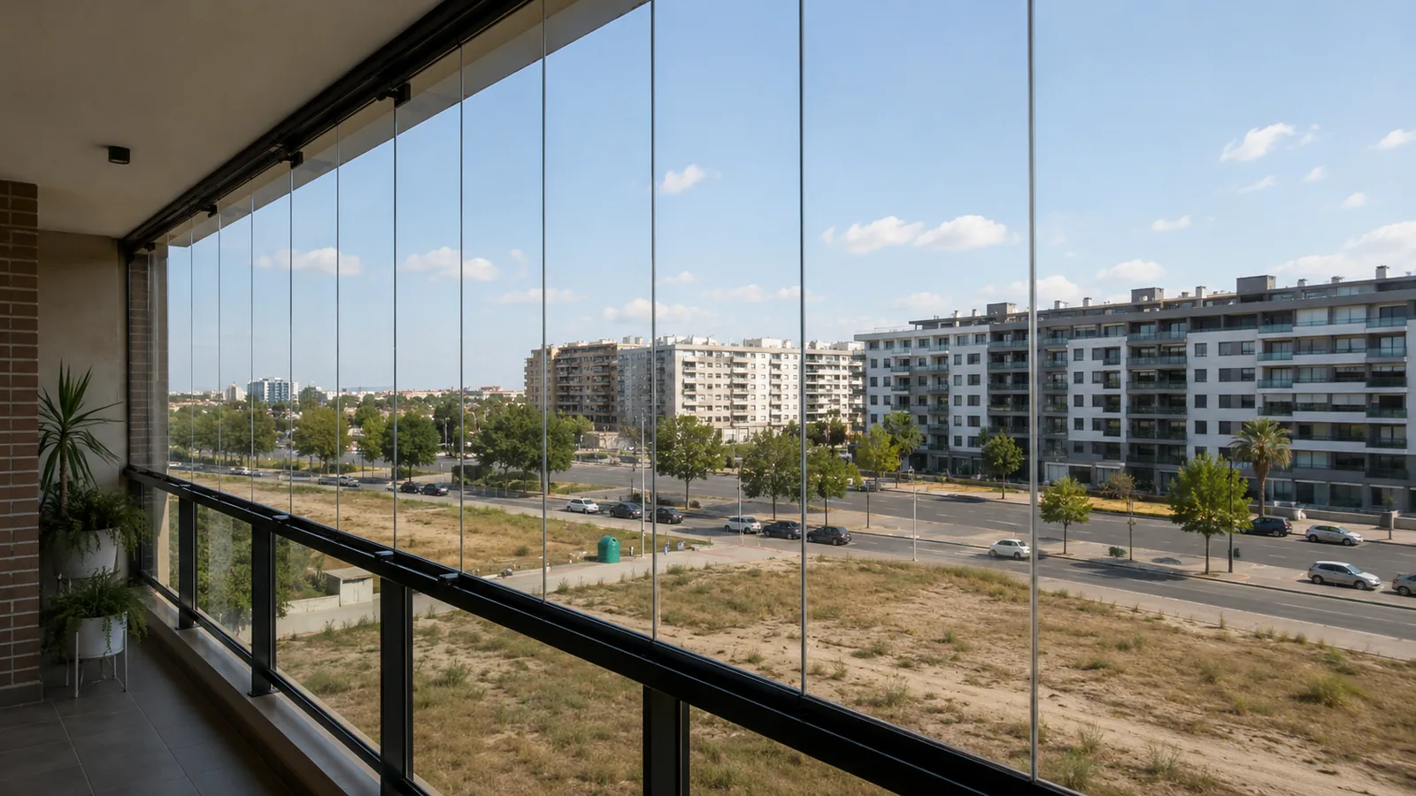 Cerramiento de balcón con cristal y barandilla con vistas a la ciudad en San Sebastián