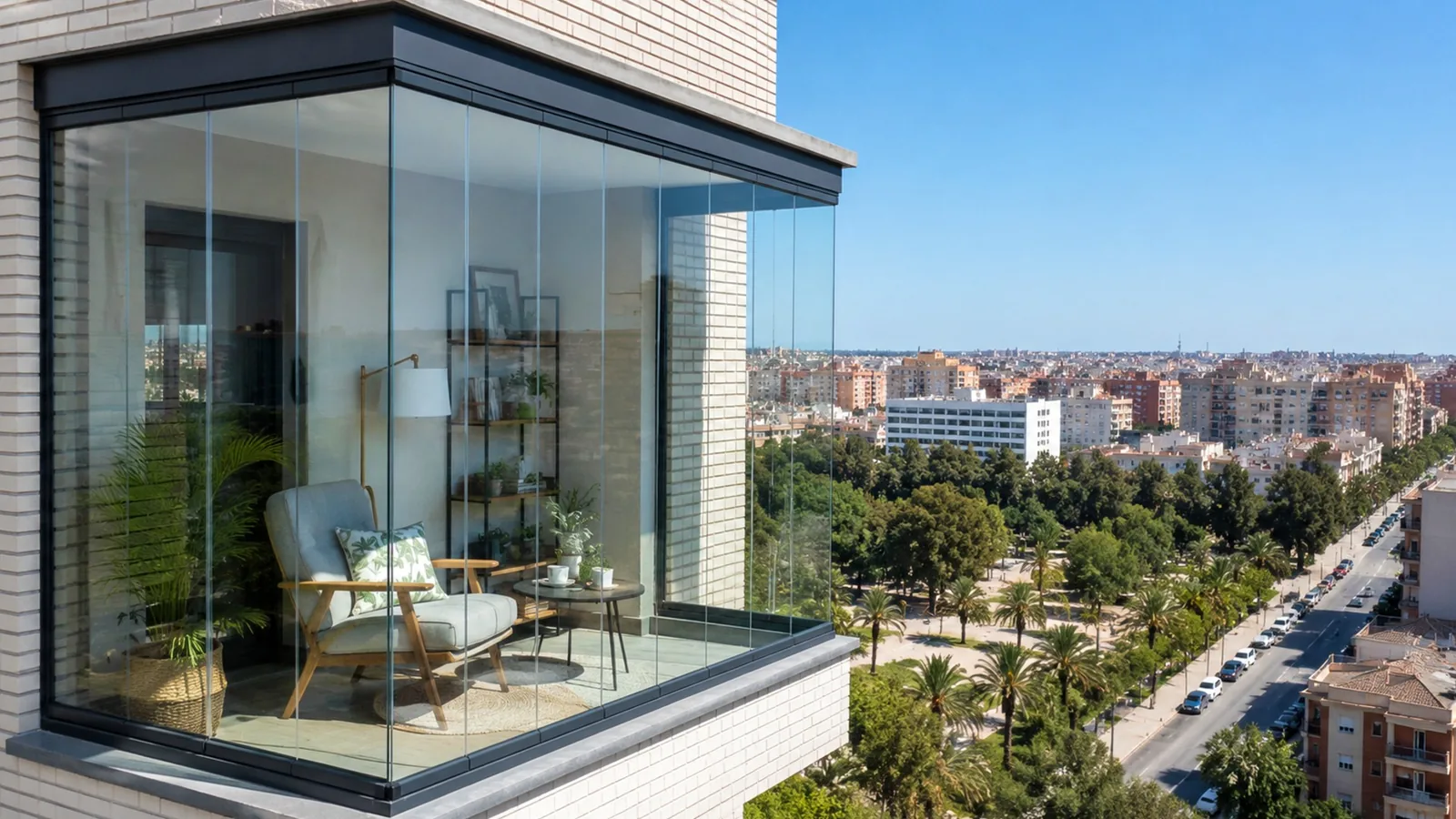 Balcón acristalado con cortinas de cristal y vistas urbanas en Zaragoza