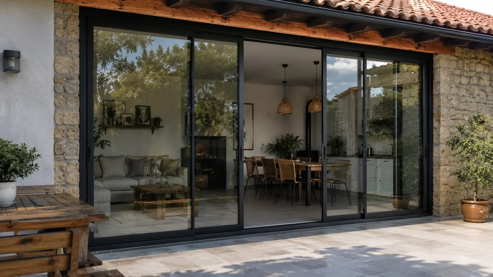 Cerramiento de terraza con correderas de cristal en vivienda de piedra