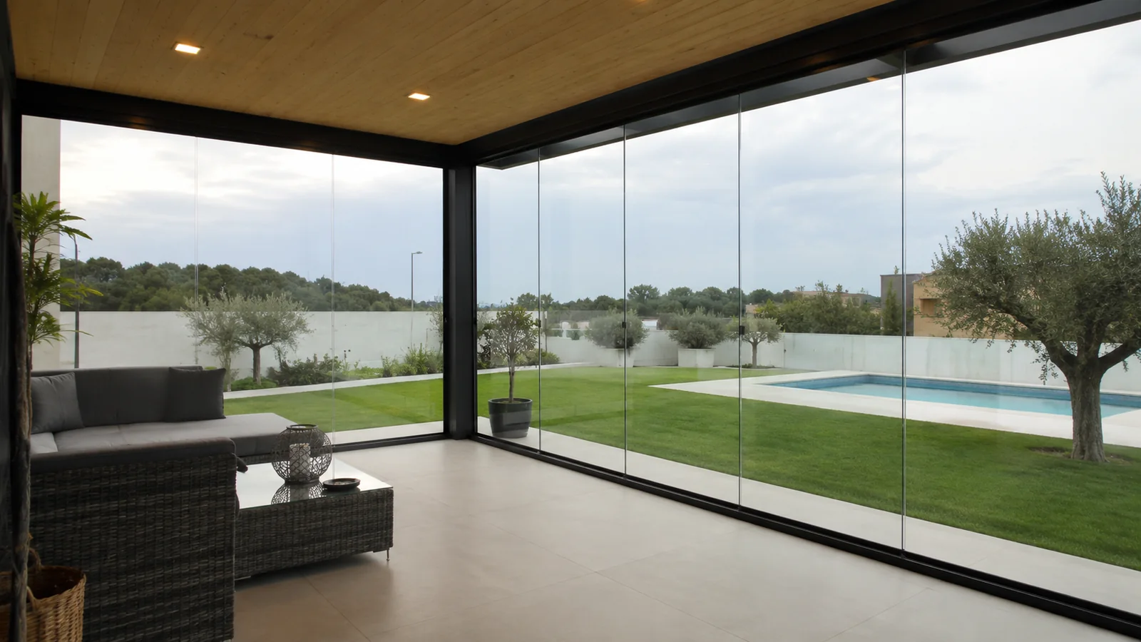 Cortinas de cristal en un porche con jardín y piscina