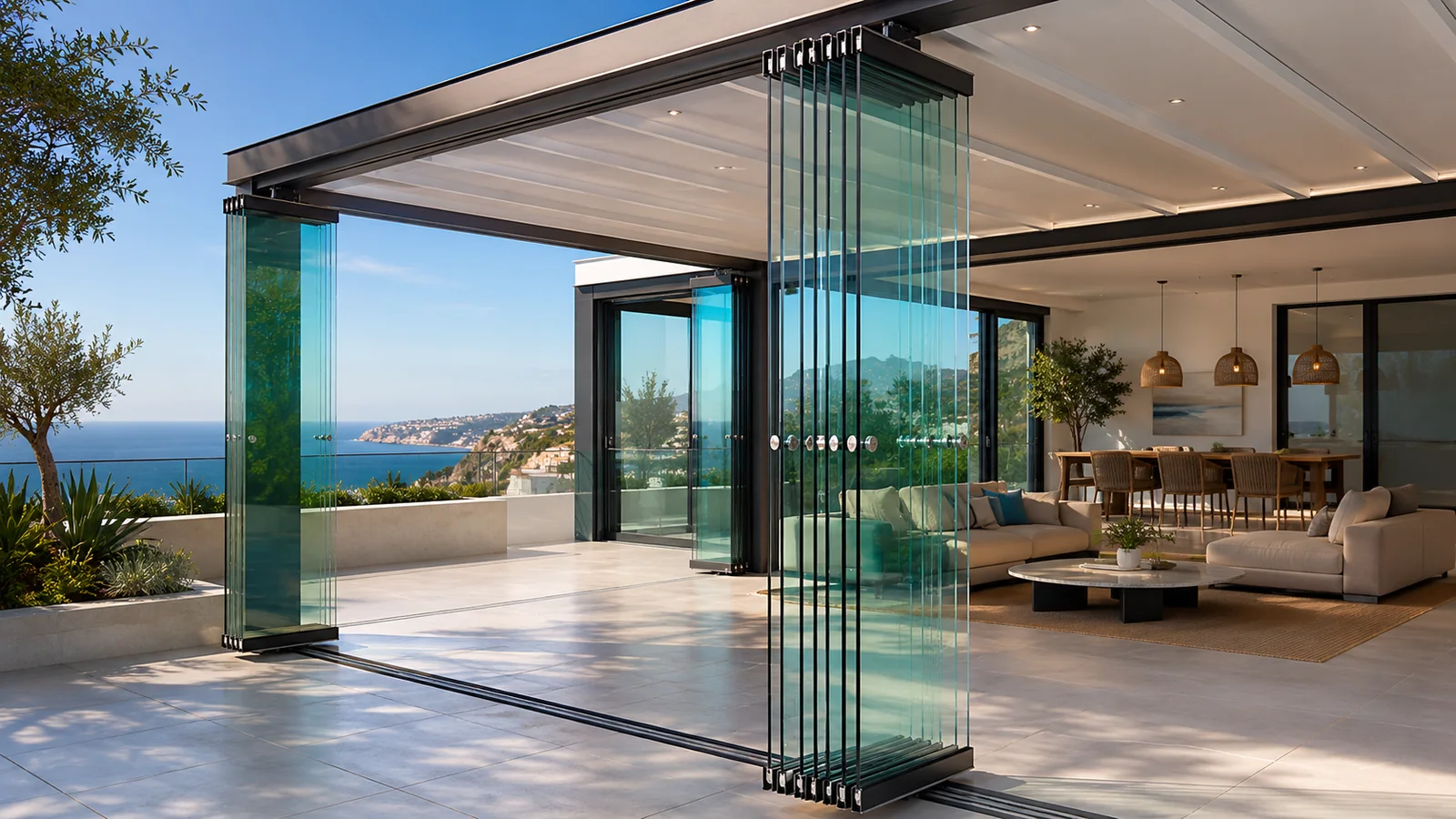 Cortinas de cristal cerrando la terraza de un salón
