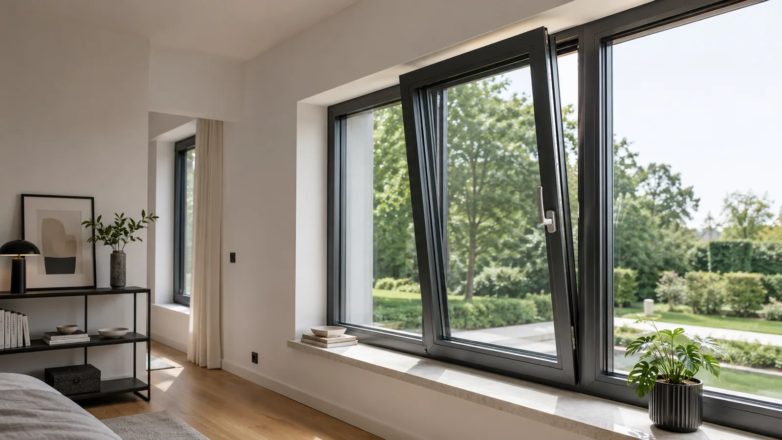 Ventana oscilobatiente con doble acristalamiento y vistas al jardín en Zaragoza