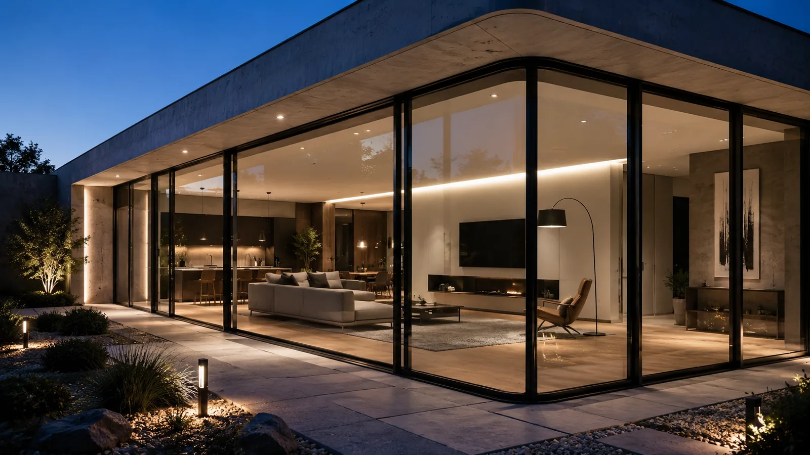 Vivienda con grandes ventanales de doble acristalamiento iluminada al anochecer en San Sebastián